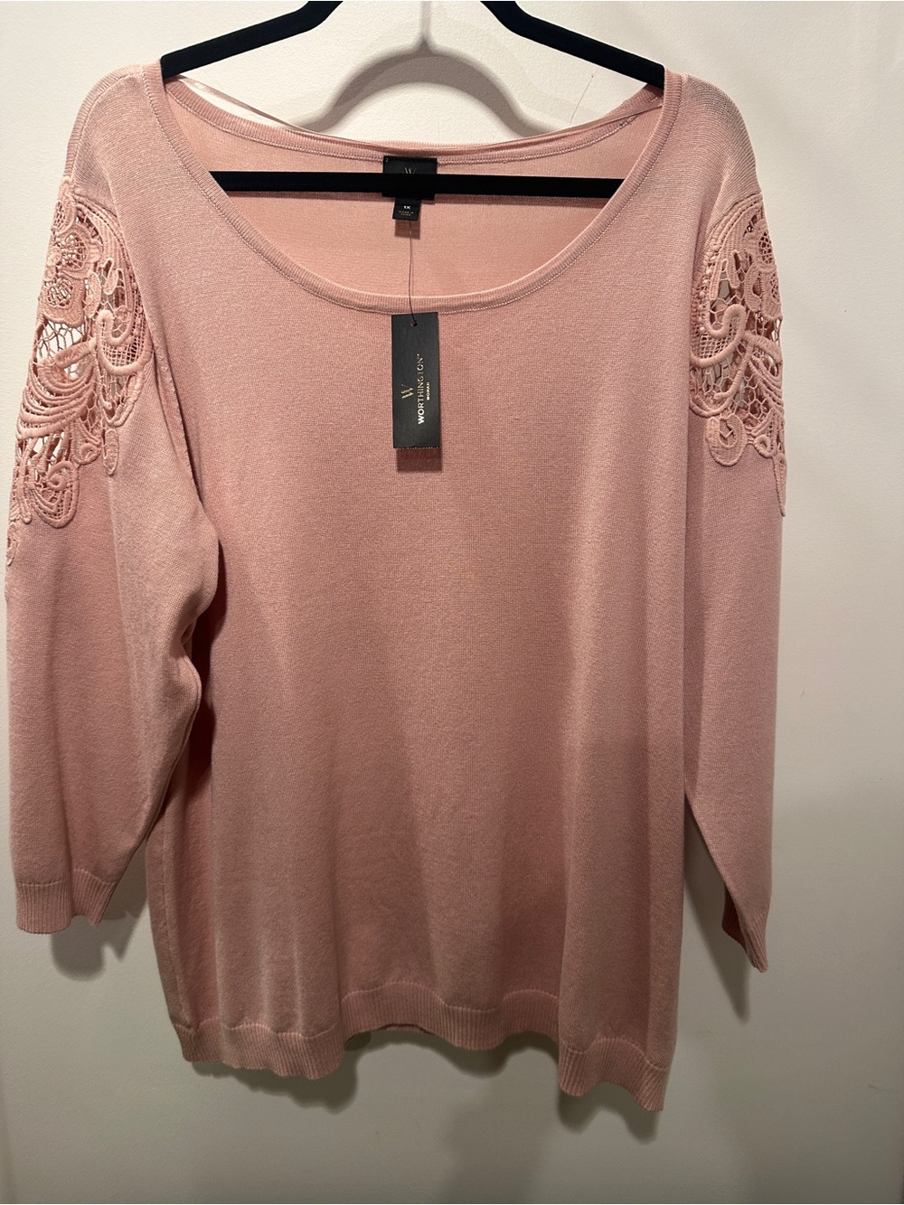 NEW Beautiful Worthington Pink Scoop Neck Sweater Crochet Shoulder Accent 1X